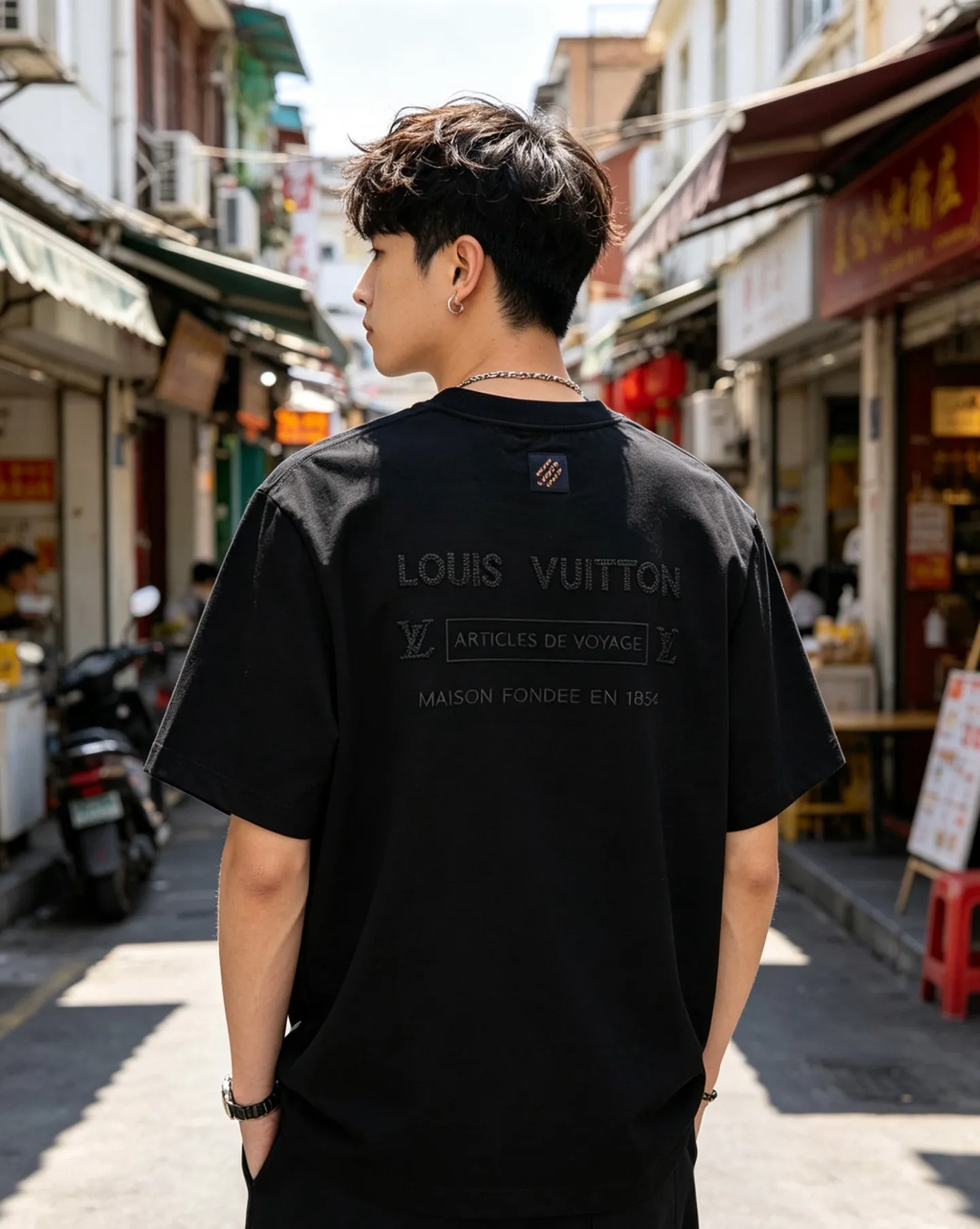 Louis Vuitton/Louis Vuitton short sleeves with small logo on the chest and letter embroidery on the back